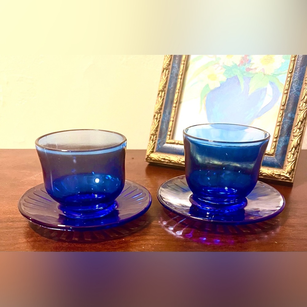 Set of 2 Vintage 30s Macbeth-Evan’s Petalware Blue Glass Condiment Cup and Plate